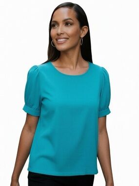 Ann Taylor Factory Teal Short-Sleeve Puff-Sleeve Tee Size